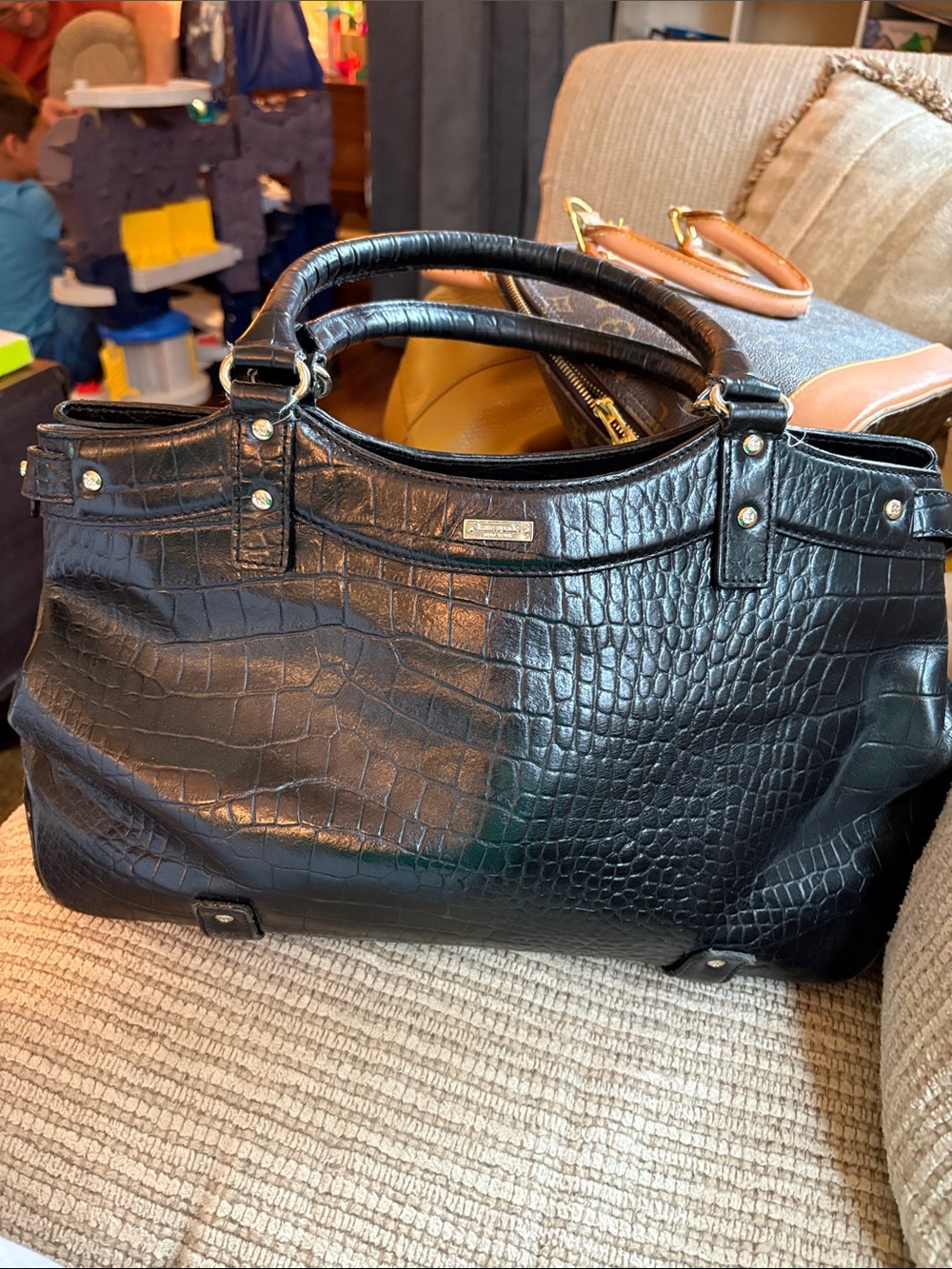 Kate Spade Stevie Carlsbad Black Leather Croc Embossed Bag